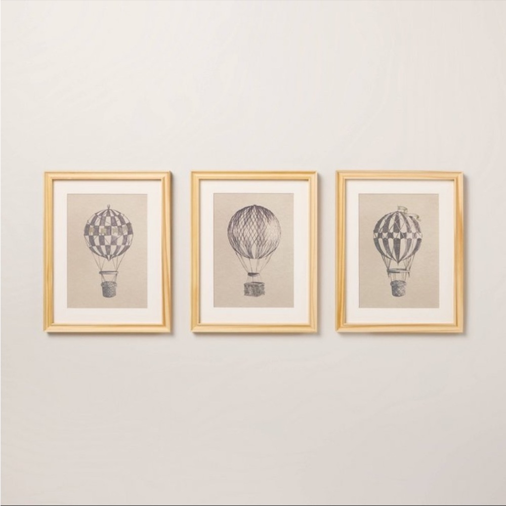 Hearth & Hand 11"x14" Hot Air Balloon Sketch Framed Wall Art (Set of 3) NIB